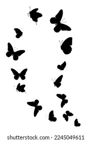 Flock of silhouette black butterflies on white background. Vector