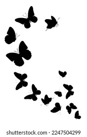 Flock of silhouette black butterflies on white background. Vector