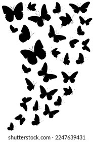 Bloque de mariposas negras de silueta sobre fondo blanco. Vector