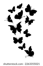 Flock of silhouette black butterflies on white background. Vector