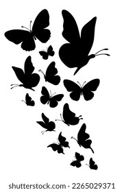 Bloque de mariposas negras de silueta sobre fondo blanco. Vector