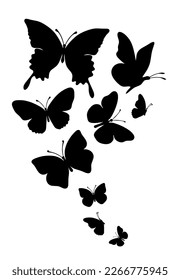 Flock of silhouette black butterflies on white background. Vector