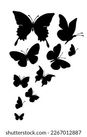 Flock of silhouette black butterflies on white background. Vector