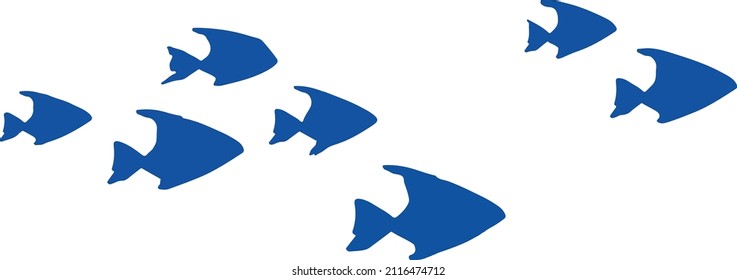 Flock of small blue fish drawn Vector illustration