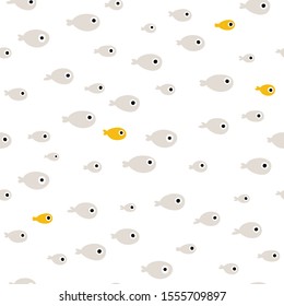 A flock of small fish. Vector seamless pattern in simple scandinavian style. A hand-drawn cartoon illustration in a limited palette is ideal for printing on fabric, packaging, etc.
