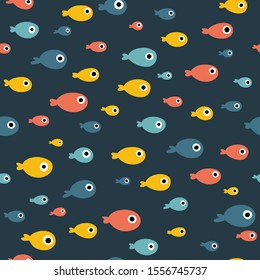 A flock of small fish. Vector seamless pattern in simple scandinavian style. A hand-drawn cartoon illustration in a limited palette is ideal for printing on fabric, packaging, etc.