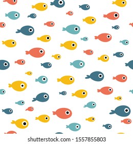 A flock of small fish. Vector seamless pattern in simple scandinavian style. A hand-drawn cartoon illustration in a limited palette is ideal for printing on fabric, packaging, etc.