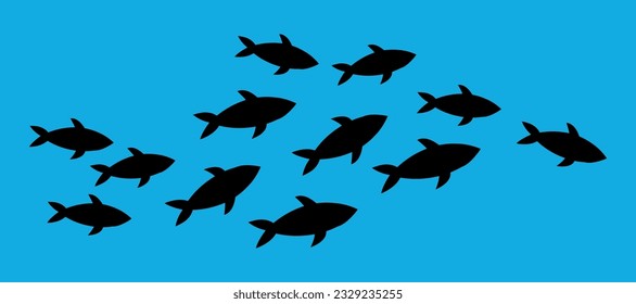 Una bandada de pequeños arrecifes. Silueta negra. Vector de fondo azul