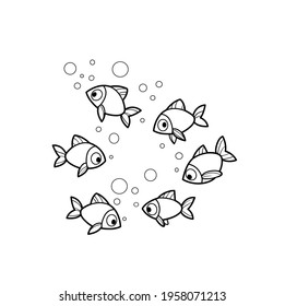 Flock of small sea fish outline for coloring on a white background