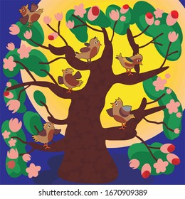 a flock of sparrows sitting on a flowering tree against the backdrop of the rising sun