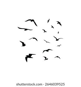 Flock of swallows in flight, bird silhouettes on white background. Minimalist, peaceful nature scene ideal for freedom, migration, and wildlife concepts.”
