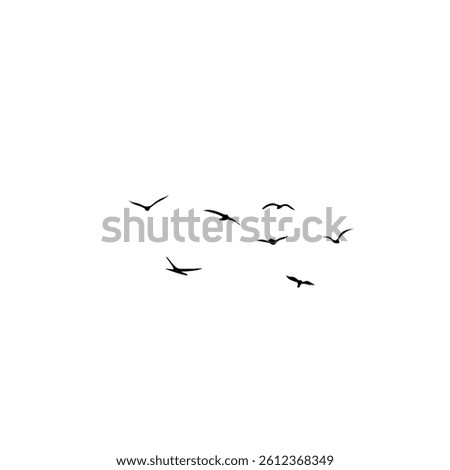 Flock of swallows in flight, bird silhouettes on white background. Minimalist, peaceful nature scene ideal for freedom, migration, and wildlife concepts.”