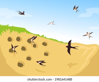 Flock of swallows flying into nests. Cartoon vector illustration. Birds flying to their homes, made in ground holes. Animal, bird, wild nature, flying, home concept for banner design or landing page