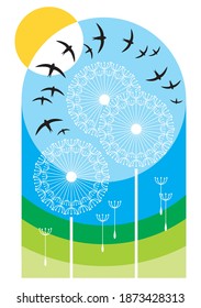 A flock of swallows flying over a green field with dandelions
