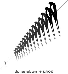 A flock of swallows, illustration on a white background. Vector drawing silhouette sitting on wire swallows. 