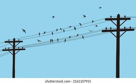 Flock swallows on the electric wire, vector illustration