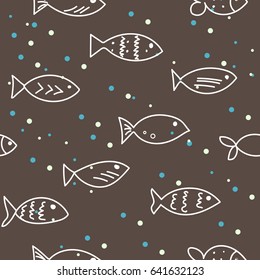 A flock of swimming fish.  Seamless pattern. Hand drawn design