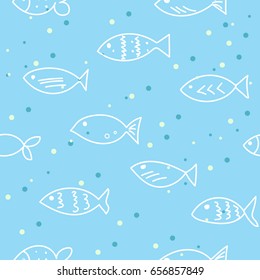 A flock of swimming fish.  Seamless pattern. Hand drawn design