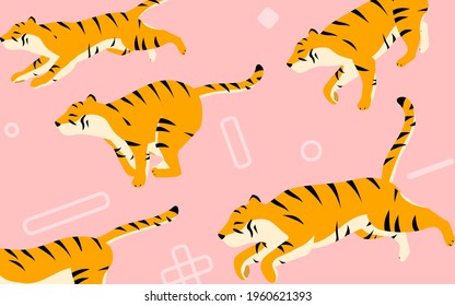 A flock of tigers running through, out of sight, pop symbols and a pink background