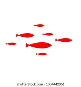 The flock of tropical red fish isolated on white background