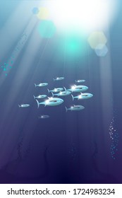 A flock of tuna under water in the rays of the sun. Underwater world, sunlight under water, habitat. Illustration of underwater life.