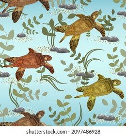 A flock of turtles in a pattern.Turtles and algae on a colored background in a seamless vector pattern.