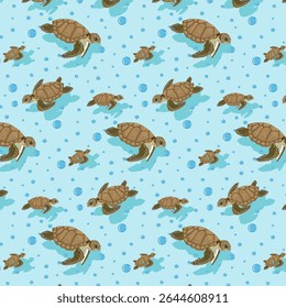A flock of turtles in the sea.Vector seamless pattern with turtles and bubbles in sea water.