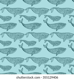 A flock of whales swimming in the ocean. Whales different size and age of the float line in one direction. Seamless abstract pattern drawn by hand outline curved lines on blue background. Vector.
