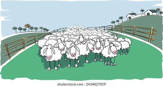 Flock of white sheep in the foreground in a large meadow with a fence or pen and a house and trees in the background on a clear summer day.