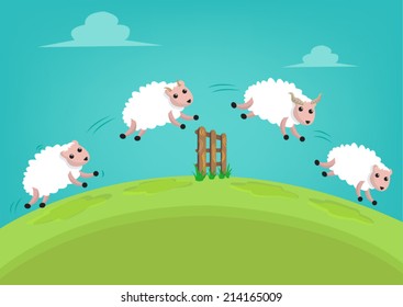 A flock of White Sheep Jump over a Fence. Editable Clip Art.