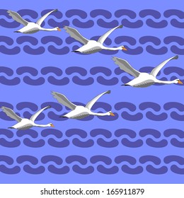 A flock of white swans in the sky with clouds.