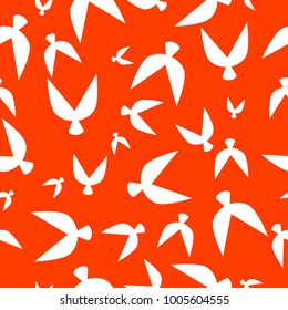 Flocked Wallpaper. Seamless Pattern of Birds in Ethnic Style. Flock Pattern. Birds Pattern for Textiles, Banner, Pouring, Surface Textures, Wrapping Paper, Tile. Vector Ornamental Background. 