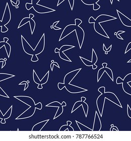 Flocked Wallpaper. Seamless Pattern of Birds in Ethnic Style. Flock Pattern. Birds Pattern for Textiles, Banner, Pouring, Surface Textures, Wrapping Paper, Tile. Vector Ornamental Background. 