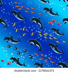 Flocks of dolphins and fish.Color vector pattern with dolphins and flocks of bright fish.
