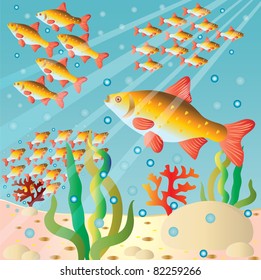 Flocks of fishes at the bottom. Vector illustration