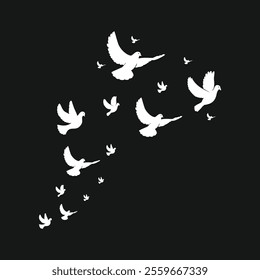 Flocks of flying pigeons isolated on white background, vector illustration.