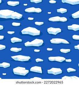 Floes ice pattern. Seamless print with blue frozen glacier pieces and floating icebergs, glacial fragments for wrapping paper textile fabric. Vector texture o fseamless background winter illustration