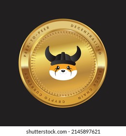 Logo de FLOKI Cryptocurrency en concepto de color negro en moneda de oro. Símbolo de la tecnología de la cadena Coin Block (ficha) de Floki inu. Ilustración vectorial para banner, fondo, web, impresión, artículo.