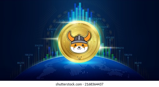 Moneda de la moneda u floki con gráfico de crecimiento. Clave digital de divisa de token en el mercado bursátil de blockchain. Concepto de operaciones de cifrado de inversión financiera. Cartel de noticias en el mapa mundial. Vector.