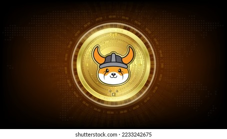 La criptodivisa de oro de la moneda de oro Floki inu. Divisa digital en el mercado de valores de la cadena de bloques. Monedas criptográficas en el vector de fondo naranja EPS10.