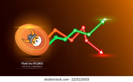 Moneda de color ocu floki. Símbolo de criptodivisa con gráfico de inversión en bolsa verde y rojo. Concepto de negocios de tendencias económicas. Ilustración vectorial 3D.