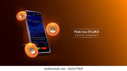 Moneda ainu de Floki y teléfono. Aplicación para intercambiar moneda criptográfica en el smartphone de pantalla táctil. Análisis de datos en el mercado de valores. La criptodivisa bancaria móvil. Vector 3d. 