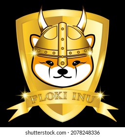 Floki Inu coin token crypto currency with golden shield, Baby doge flokin inu to the moon. vector eps 10