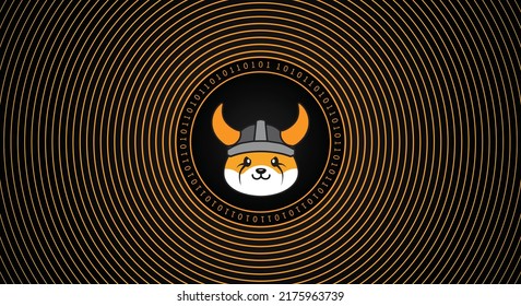 Banner del logo de la moneda de la criptografía de Floki Inu (FLOKI). Fondo de ilustración vectorial del concepto de tecnología financiera de línea.