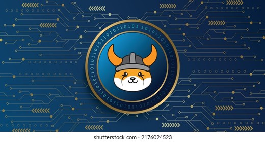 Floki Inu (FLOKI) cripto moneda metálica ilustración vectorial de moneda. Diseño futurista de banner, fondo y papel pintado basado en el concepto de dinero virtual basado en Blockchain.