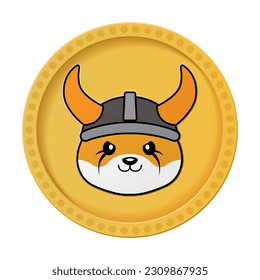 Floki Inu FLOKI criptodivisa cadena de blogs moneda aislada en fondo blanco, perro Inu Shiba usando casco visero en moneda de oro, moneda digital Symbol, ilustración vectorial