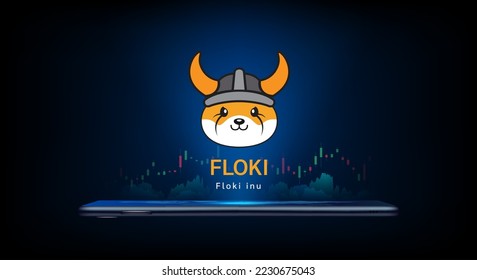 El símbolo de criptodivisa ainu floki sale de un smartphone con gráfico de crecimiento. Comerciando divisa criptográfica en aplicación. Banner de inversión financiera para noticias o sitio web. EPS10, vector de símbolo del símbolo del icono.