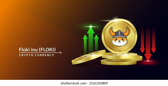 Floki inu token cryptocurrency banner. Future currency on blockchain stock market with red-green arrows up and down. Gold coins crypto currencies. Banner for news on a solid background. 3D Vector.