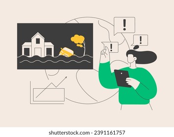 Ilustración vectorial de concepto abstracto de inundación. Desastre natural, flujo de agua, fuertes lluvias, ciclón tropical y tsunami, desbordamiento de lago, contaminación del agua, metáfora abstracta del cambio climático.