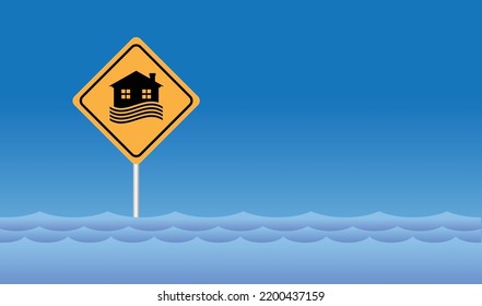 Flood area sign, natural disaster with house, heavy rain and storm , damage with home, clouds and rain, flooding water in city, Flooded house.
